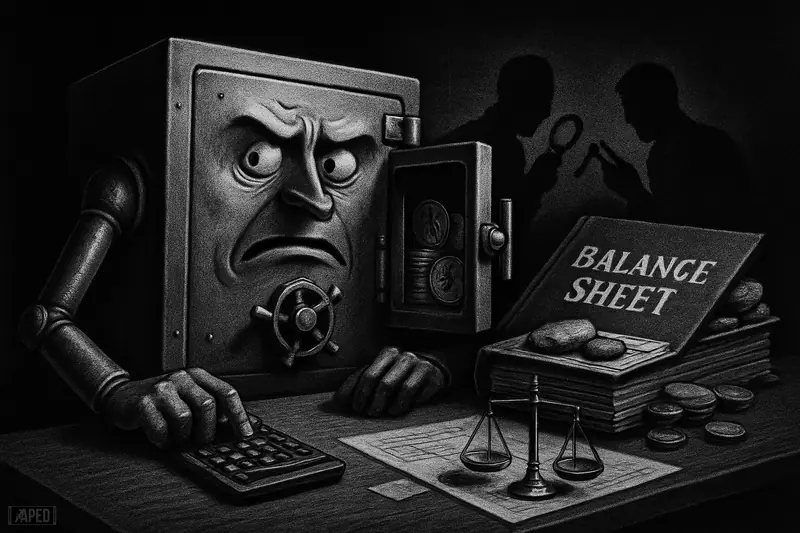 A tense vault-like treasurer sits in a dark boardroom while shadowy investors inspect its bitcoin-filled balance sheet under harsh grayscale lighting.