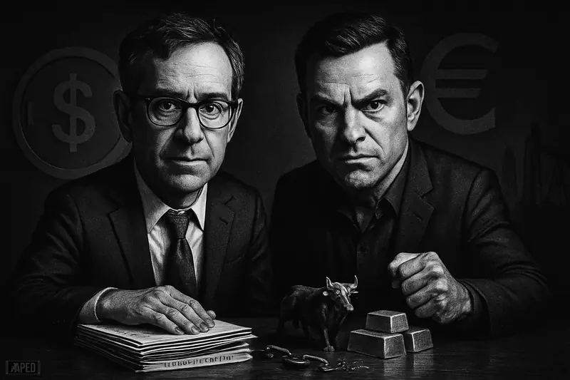 Two suited men in a dramatic grayscale boardroom scene with broken chains, treasury symbols, and a dark data-grid backdrop.