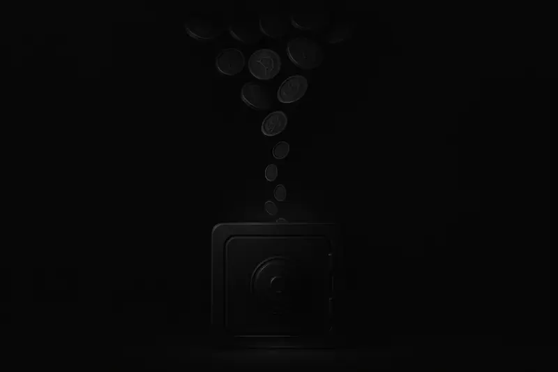 On a black background, a metallic funnel drips a few glowing coins into a dark vault with fading light.