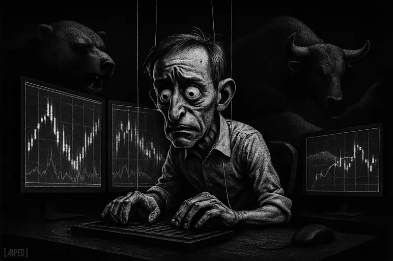 A grayscale exhausted trader marionette faces chaotic trading screens while a bear, bull, and whale-like market forces loom in the darkness.