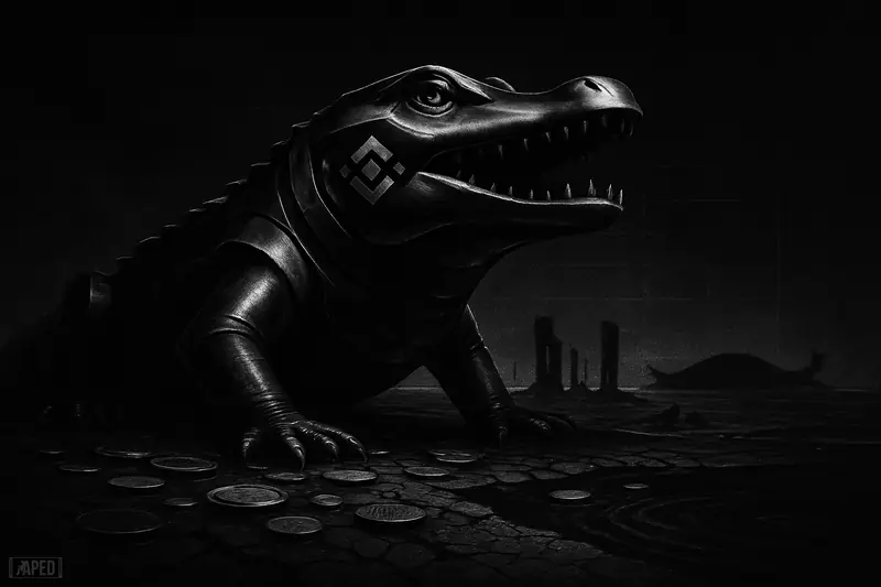 A giant metallic exchange beast towers over a drained trading sea as smaller rivals sink into darkness behind collapsing liquidity structures.