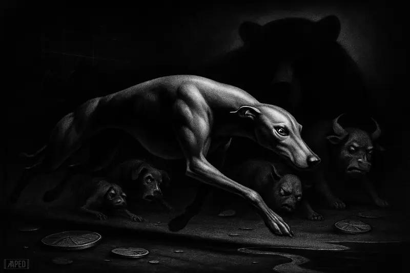 A metallic greyhound-like leader races ahead in a dark market arena while smaller creatures fall behind under a looming bear shadow.