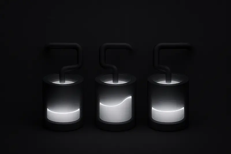Three luminous coin-like discs rise from dark water as thin neon data streams pour into them on a black background.