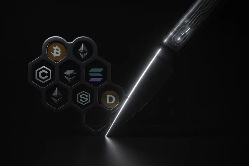 On a black background, a neon-blue circuit blade slices away fragments from a dark metallic coin grid, sparks floating.