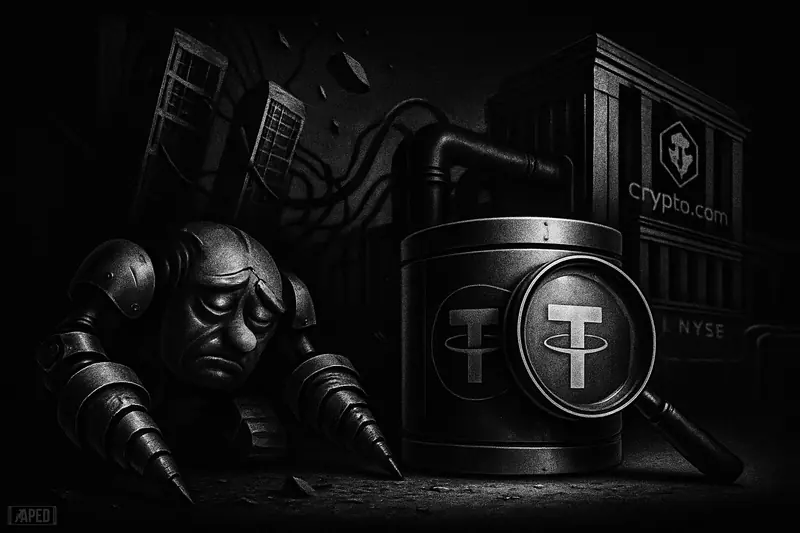 A grayscale mining machine slumps beside an inspected vault while exchange machinery and broken server towers suggest crypto mining stress and audit pressure.