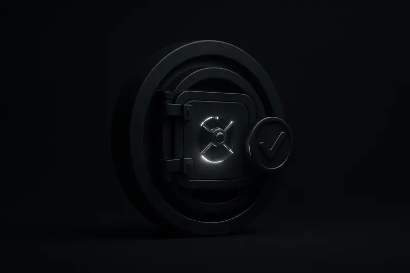 A matte-black vault door with a glowing core, wrapped by a metallic ring seal on a dark background.