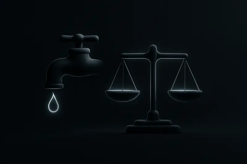 On a black background, a leaking neon faucet fades into a glowing balance scale, with floating digital coin particles.