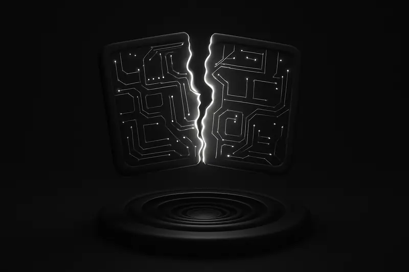 Glowing teal circuit-board blueprint ripped down the center, hovering above a dark swirling liquidity pool on black background.