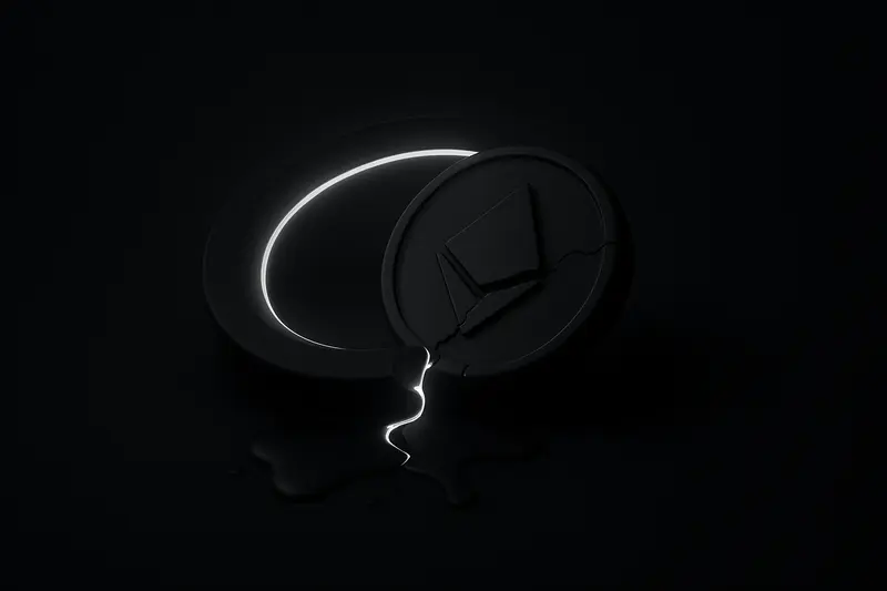 Glowing neon ring with fracture lines, leaking fluid-like light into a black void with faint grid reflections.