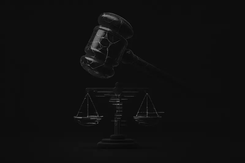 Cracked obsidian gavel floating above unbalanced chrome scales, with faint red glitch lines and circuit patterns on a black background.