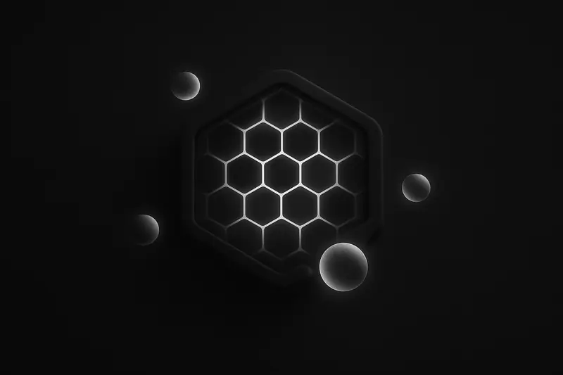 Dark cover with a glowing hexagonal honeycomb grid as small neon spheres drift inward and fuse into the center.