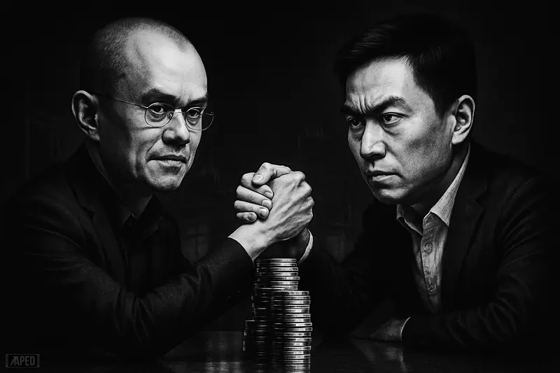 CZ and Star Xu face off across a dark desk, confronting each other over a towering wager in a moody grayscale crypto standoff.