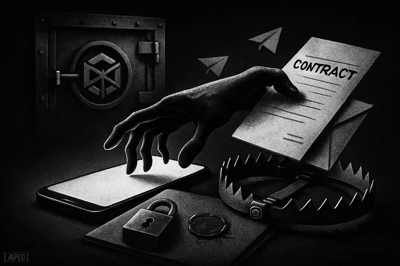 A shadowy hand emerges from a smartphone offering an envelope, while a bear trap and padlock warn of exchange listing scams.