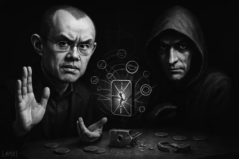 CZ warns beside a hooded Satoshi figure as a fractured crypto vault and quantum rings loom in a dark grayscale scene.