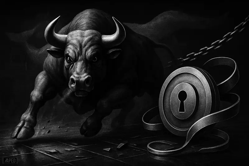 A fierce exaggerated bull charges across a dark trading floor toward a metallic privacy vault amid chains, market haze, and a faint data grid.