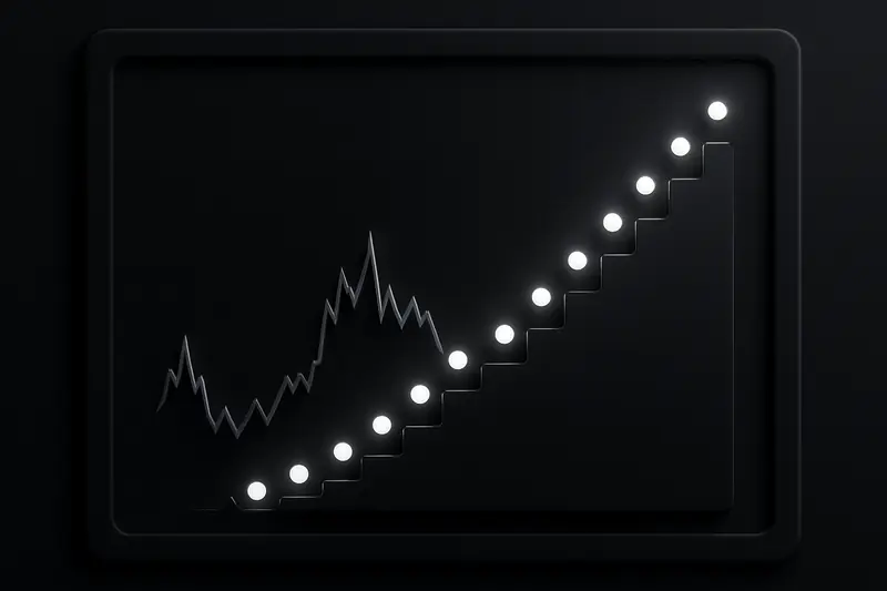 Glowing stepped dots ascend across a dark background, cutting through a jagged neon price line and fading grid.