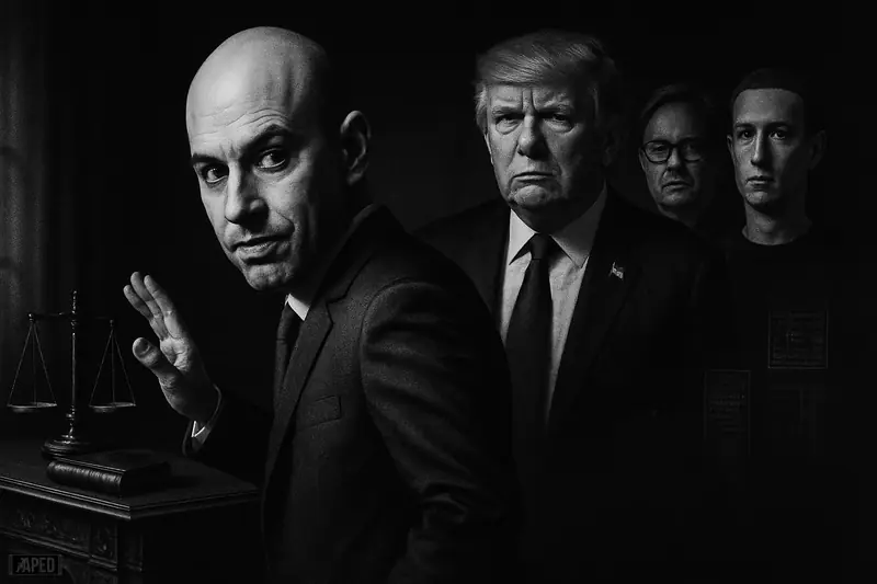 David Sacks steps away from a presidential desk as Trump watches, with Jensen Huang and Mark Zuckerberg looming in a dark policy room.