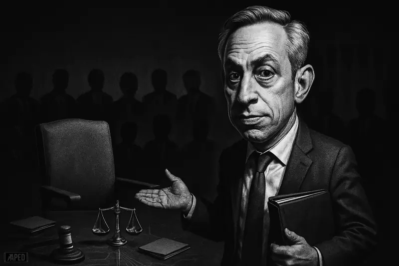 Caricature-style David Sacks in grayscale steps back from an empty chair as a shadowy policy council gathers amid regulatory symbols.