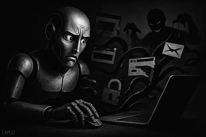 A robotic AI agent at a laptop is menaced by shadowy web-like tendrils, broken locks, and a puppet-master silhouette in a dark grayscale scene.