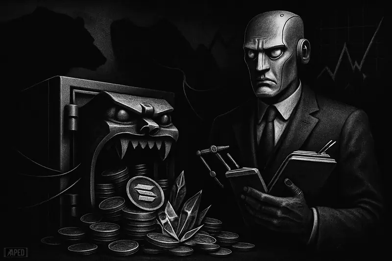 A grayscale vault machine and stern suited automaton guard a growing crypto treasury under a dark grid as market pressure closes in.