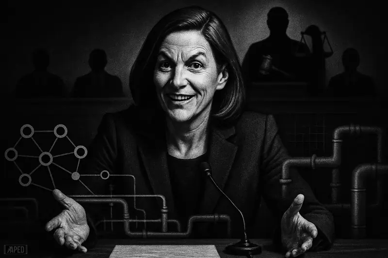 Summer Mersinger testifies at a dark congressional hearing, framed by gavel-and-scales shadows and DeFi network “infrastructure” pipes on a black grid.