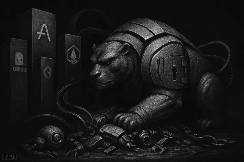 A hulking vault-like beast guards reclaimed value while broken bot machines lie scattered before dark protocol towers and a faint data grid.