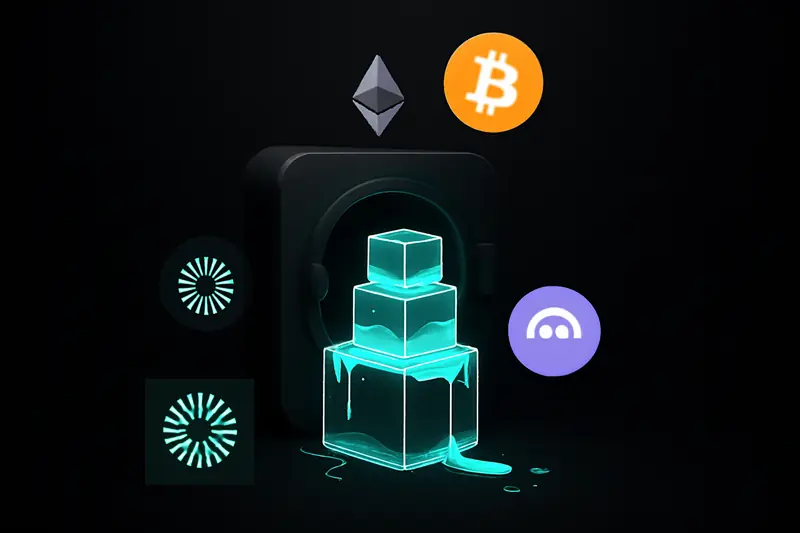 Black background with a metallic vault spilling luminous teal liquid into stacked geometric blocks, glowing upward like a rising tide.