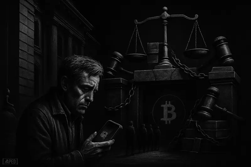A hesitant Nordic investor faces a banklike fortress and tax barriers, symbolizing Denmark’s stalled crypto adoption in a dark grayscale scene.