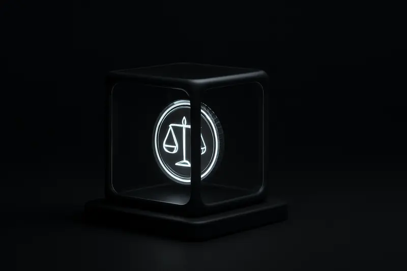 A luminous coin hovering inside a clear glass cube with circuit etchings, surrounded by dark rippling waves on black.