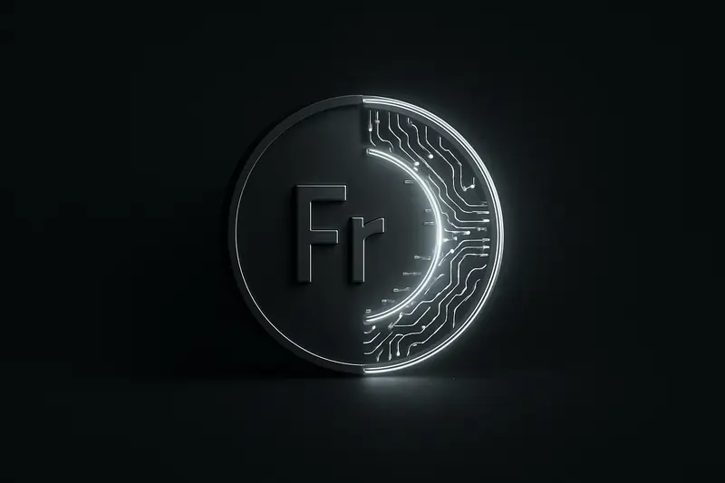 A reflective silver coin fragment dissolves into glowing blue circuit lines, forming a halo on a dark, minimal background.