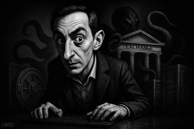 Grégory Raymond looms in the foreground as a giant kraken wraps around exchange architecture in a dark grayscale finance scene.