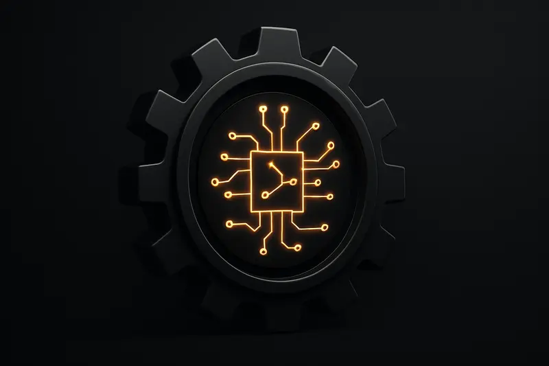 A dark, metallic gear mechanism threaded with a thin glowing circuit chain, merging into a sleek exchange-like grid on black.