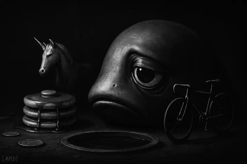 A sad liquidity whale beside a drained DeFi pool, with a unicorn, pancake stack, and bicycle in a dark grayscale trading scene.