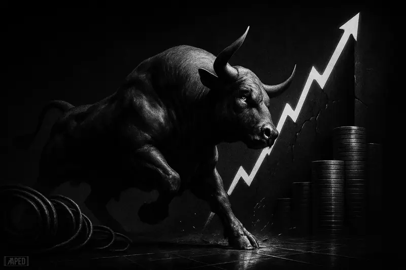 A monochrome charging bull lunges toward a jagged peak and cracked resistance wall amid futures cables on a dark data-grid backdrop.