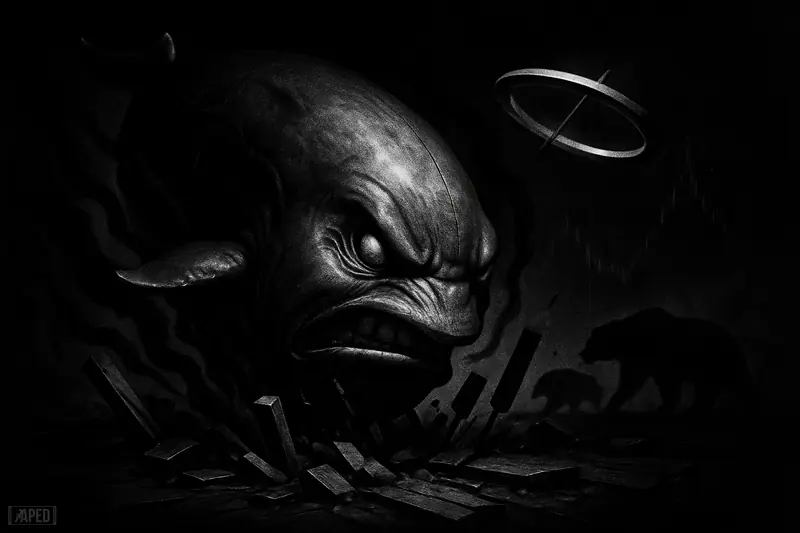 A metallic whale crashes through shattered support levels as bear silhouettes and dark order-flow smoke signal a severe crypto selloff.