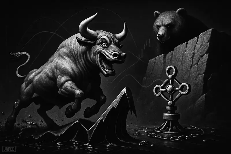 A muscular grayscale bull charges toward a dark barrier while a shadowy bear lurks behind, symbolizing a breakout test or local top.