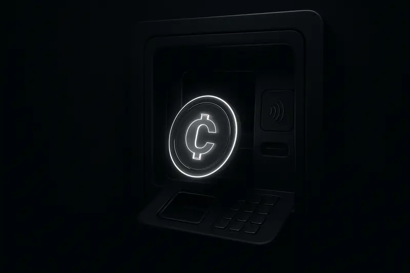 A neon-blue coin-like orb merges into an ATM-shaped silhouette with branching circuit lines on a matte black background.
