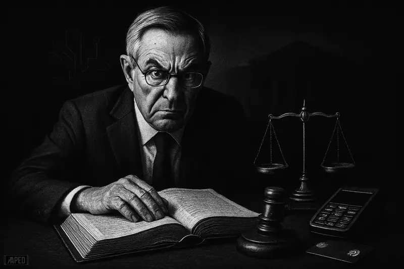 Caricatured ECB official leans over an open rulebook with gavel, scales, and payment terminal, set against a dark data-grid backdrop.