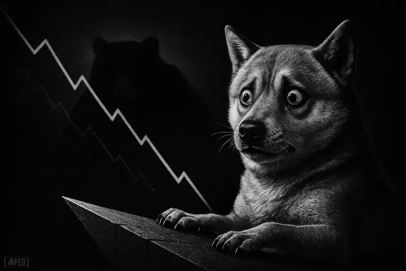 A distressed Shiba Inu stands on a cracking descending triangular platform as a shadowy bear looms behind in a dark grayscale market scene.