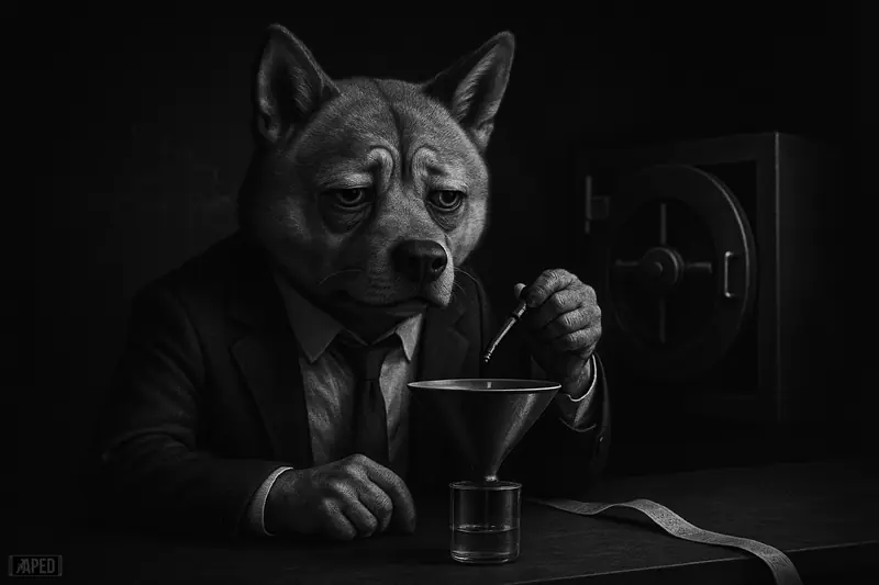 A weary suited Shiba Inu caricature watches a tiny drip into a large funnel beside an empty vault, on a dark data-grid backdrop.