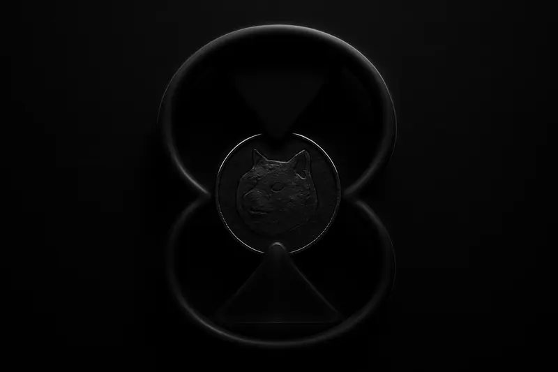 A tarnished metallic coin floating inside a dark hourglass-shaped ring, faint red chart lines receding into a black background.