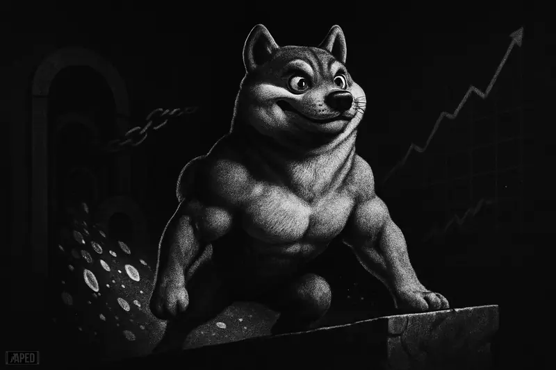 A grayscale Shiba Inu caricature stands firmly on a ledge as coins stream from dark vaults, suggesting accumulation and an upward crypto move.