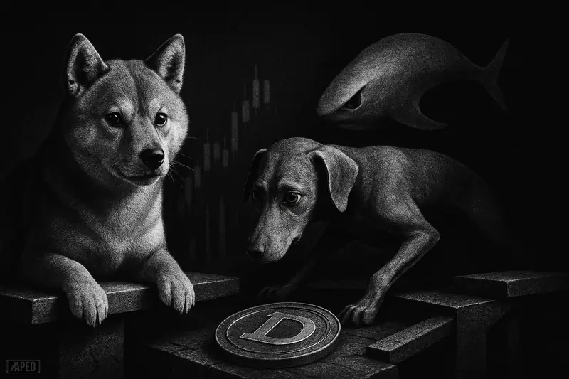 Three tense crypto-themed animal figures hover around cracked pivot platforms in a dark grayscale scene, suggesting uncertainty and a pending market breakout.