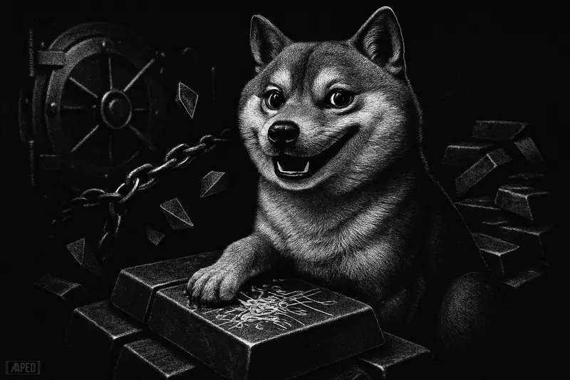 A grayscale Shiba Inu stands on gold bars in a dark vault as token-like circuitry spreads across the metal.
