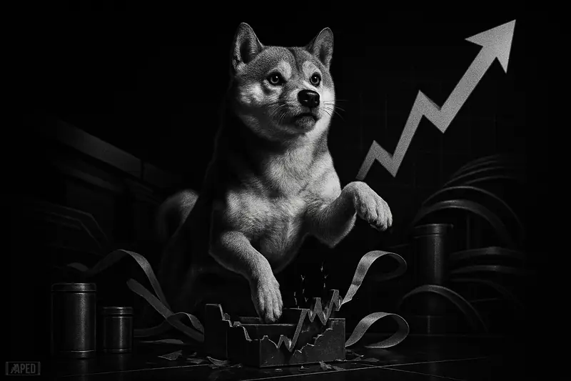 A grayscale Shiba Inu leaps from a broken trading box as institutional ETF-themed props and rising chart forms suggest a bullish crypto breakout.