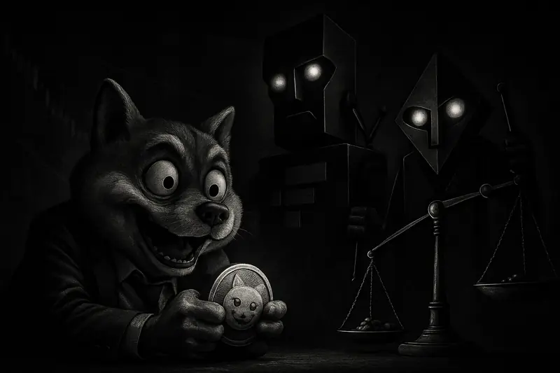 A caricature Shiba Inu trader clutches a coin while two looming exchange totems and a tilted scale suggest crowded bullish derivatives bets.