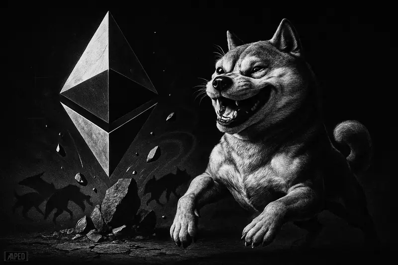 A dramatic grayscale Shiba Inu charges upward before a crystalline monolith breaking through resistance, with shadowy altcoin forms swirling behind.