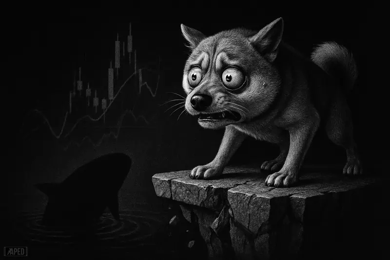 A worried Shiba Inu balances on a cracked ledge above darkness as a whale lurks below in a stark grayscale market scene.