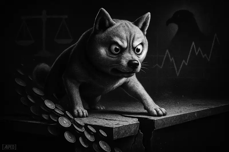 A dramatic grayscale Shiba Inu stands nervously on a cracking ledge as coins spill downward in a dark financial scene.