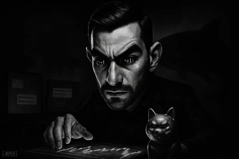 Ali Martinez studies a dim trading desk beside a metallic Shiba Inu statue as shadowy whales loom behind in a dark grayscale market scene.